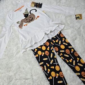 🎃 Spooky Night kitten pumpkin Sequin 3 Piece Kids Shirt Pants Set w/ Hair clips